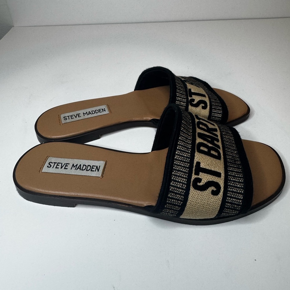 Steve Madden Knox Womens Sandals Black Multi Open Toe Slip On Flat Slide Sz 5